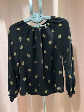 LOFT Black Blouse with Gold Leaf Motif